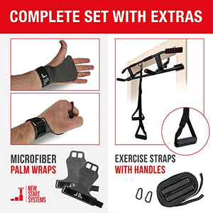 NEW START SYSTEMS - Pull Up Bar for Doorway - Heavy Duty Pullup Bar [up to 440 lbs] - Door Pull Up Bar with Palm Wraps & Exercise Straps - Chin Up Bar also suitable for Push Ups & Dips - Workout Bar