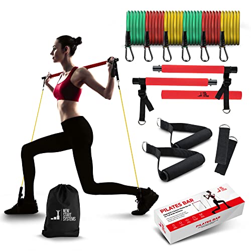 NEW START SYSTEMS - Pilates Bar Kit with Resistance Bands [3 Pairs] - Innovative 3 Section Pilate Bar with Stackable Bands - Pilates Equipment for Legs, Hips, Waist & Arm - Weights for Women at Home