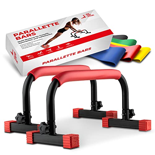 NEW START SYSTEMS - Parallettes Bars For Push Up And Dip - Heavy Duty No Wobbling Calisthenics Equipment [16x8x9 in] - Anti Slip Push Bars With Foam Handles - Includes set of resistant bands