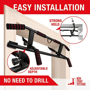 NEW START SYSTEMS - Pull Up Bar for Doorway - Heavy Duty Pullup Bar [up to 440 lbs] - Door Pull Up Bar with Palm Wraps & Exercise Straps - Chin Up Bar also suitable for Push Ups & Dips - Workout Bar